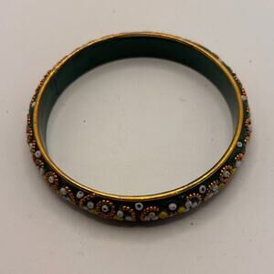 Green Enamel Beaded Bangle Bracelet Gold Tone Floral Boho Vintage Style